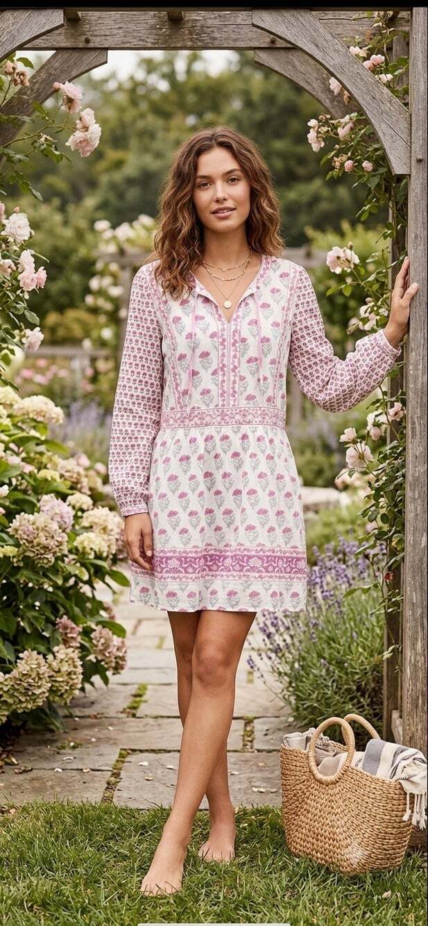 Haute Hippie Dress Sz L White Pink Floral Mini Tie Neck Cottagecore Boho Elastic